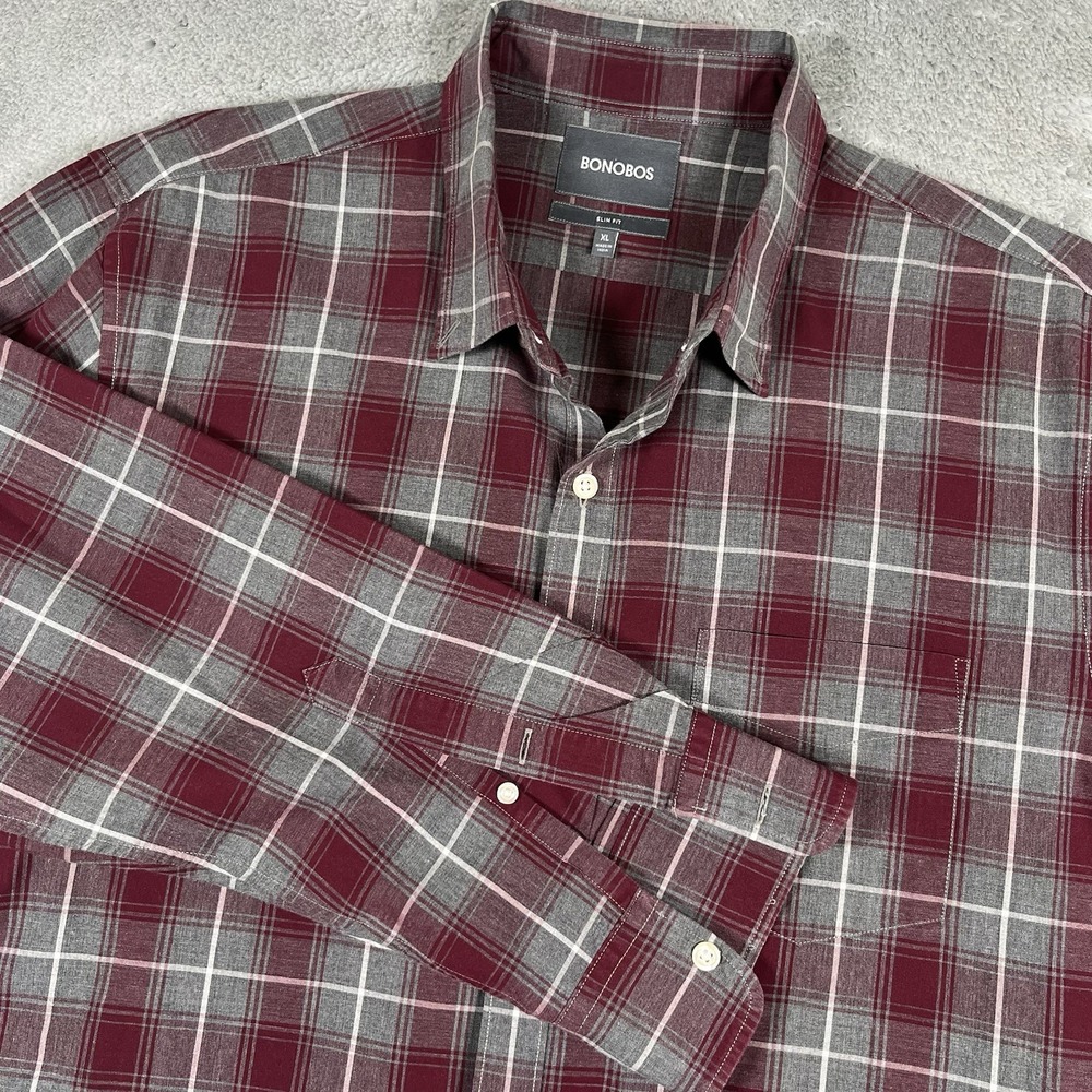 Bonobos Shirt Mens XL Long Red Gray Plaid Slim Fit Button Down Long Sleeve